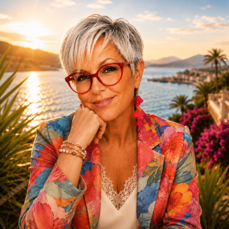 Photo Sylvie DEMARTY Cette photo me représente avec une veste colorée et la mer en fond